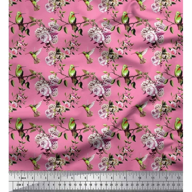 Soimoi Rayon Fabric Hummingbird,Leaves & Rose Floral Printed Fabric 1 Yard 56 Inch Wide
