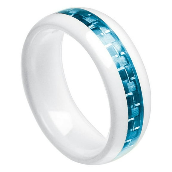 8mm White Ceramic Domed with Light Blue Carbon Fiber Inlay Wedding Band Ring For Men Or Ladies