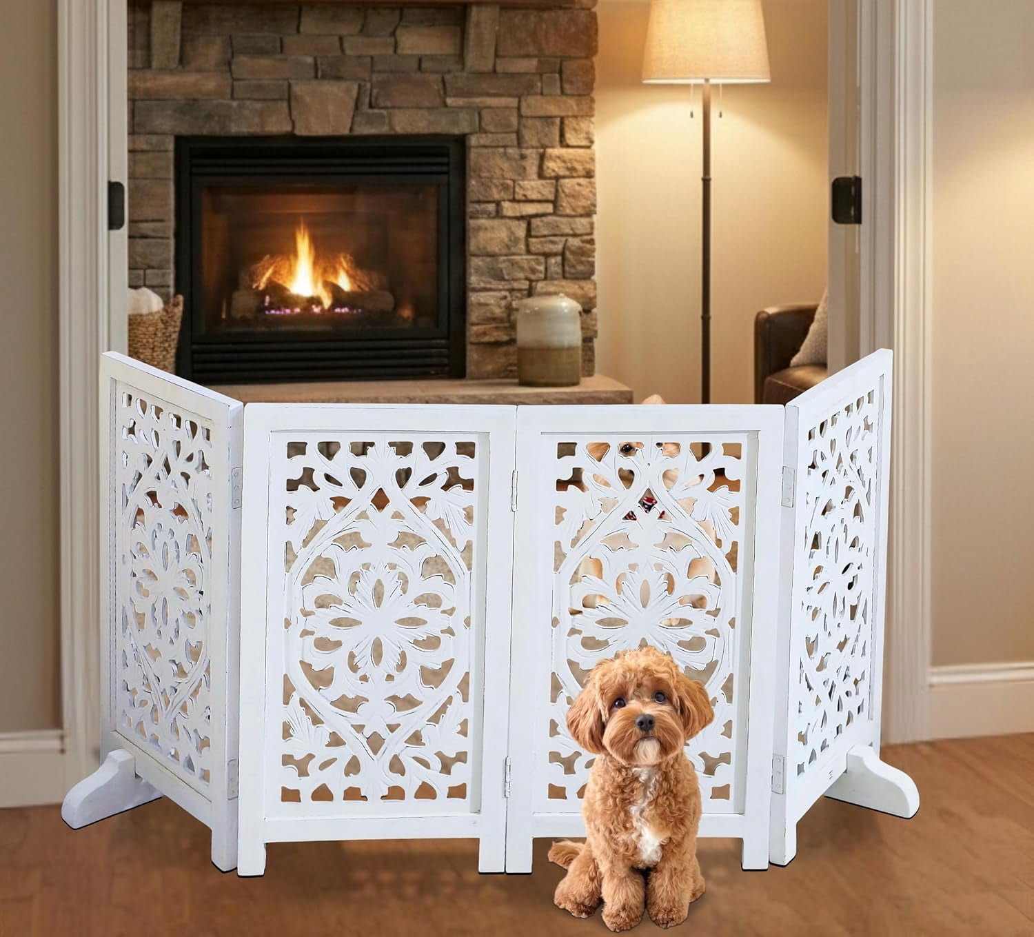 The Wooden Town Foldable Free-Standing Pet Gate, 4-Panel Wooden Dog Barrier, 56" W x 28" H, White Finish, Hand-Carved Solid Wood & MDF