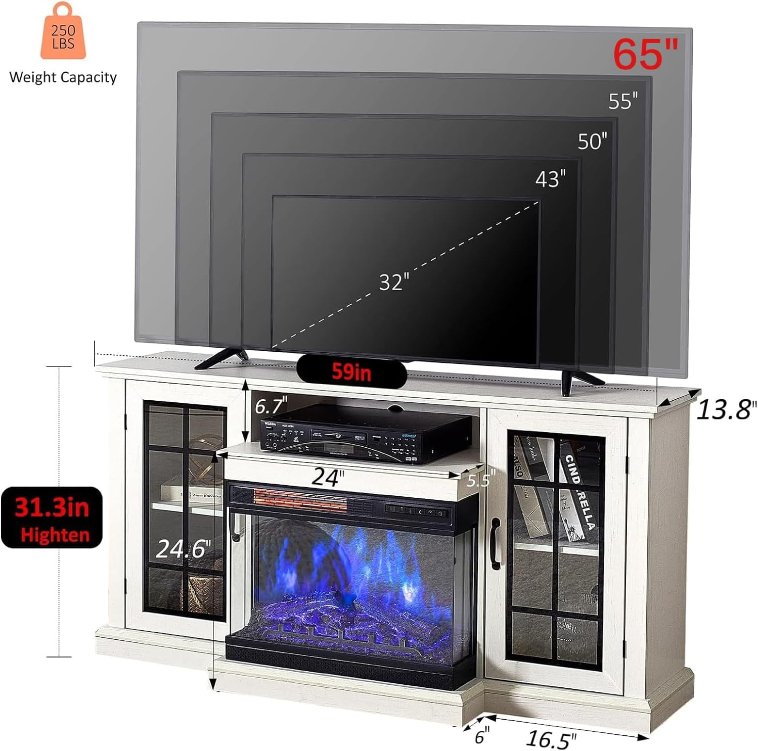 VANACC TV Stand with 3-Sided Glass Electric Fireplace, 59" Media Entertainment Center with Farmhouse Glass Door, TV Console Table for TVs up to 65"/Distressed White