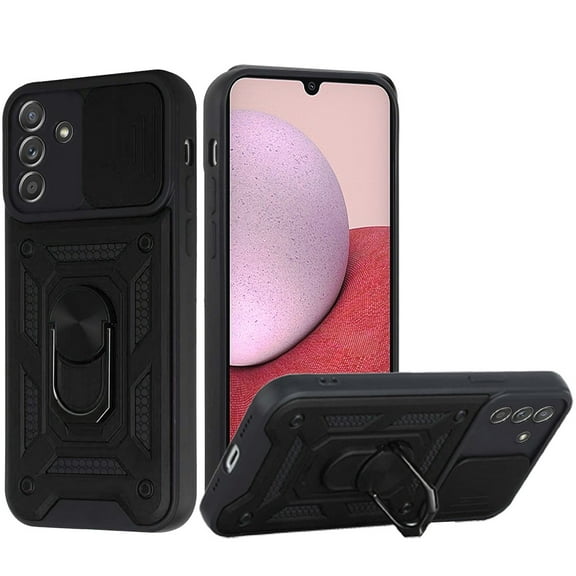 For Samsung Galaxy A14 5G Hybrid with Slide Camera Lens Cover and Ring Holder Kickstand Rugged Dual Layer Heavy Duty Cover ,Xpm Phone Case [ Black ]