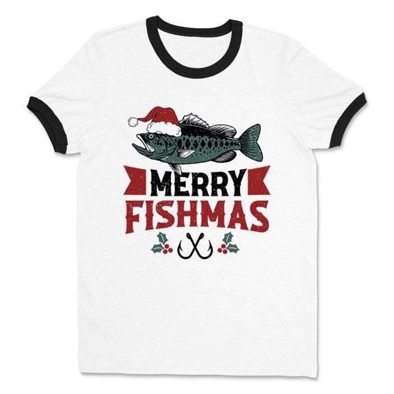 Merry Fishmas Ringer Tee Shirt Unisex Large White/Black