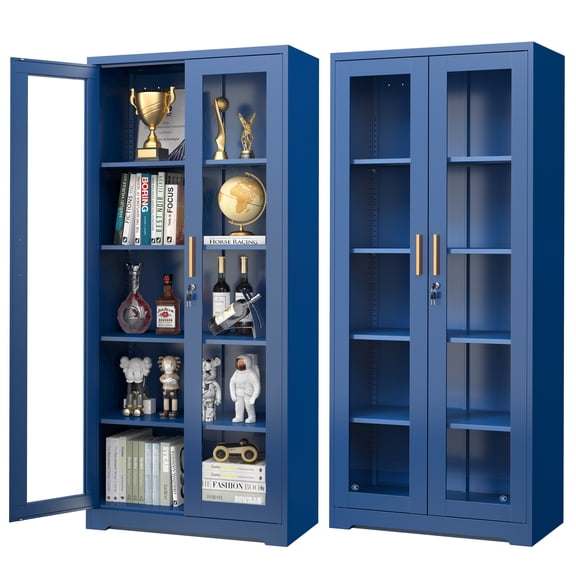UNICOLY Lockable Display Cabinet with Glass Doors, Curio Cabinets with 4 Adjustable Shelves, Liquor Bookcase Bookshelf with Doors, Metal Storage Cabinet,Wine cabinet, Blue
