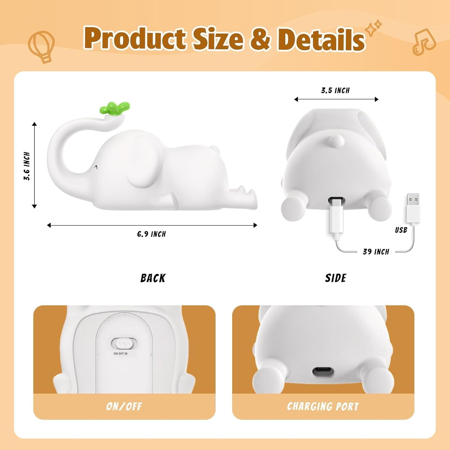 Night Light for Kids - 3-Level Dimmable Silicone Lamp, USB-C Rechargeable Nursery Light with Auto-Off Timer for Bedroom & Breastfeeding
