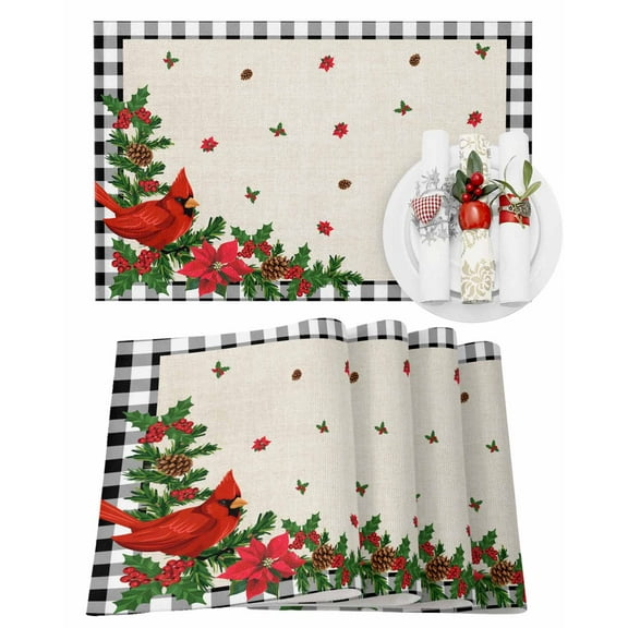 Christmas Placemats Set of 1 Cardinal Pine Leaf Berry Floral Linen Black Plaid Heat Insulation Washable Place Mats, Rustic Non-Slip Table Mats for Dining Table Party Kitchen Decor,13x19 Inch