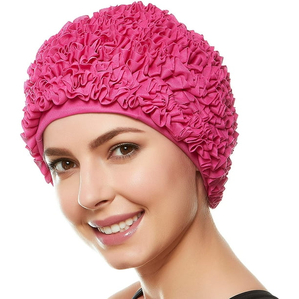 Beemo Women’s Swim Bathing Cap TurbanPolyester Latex Lined Ruffled