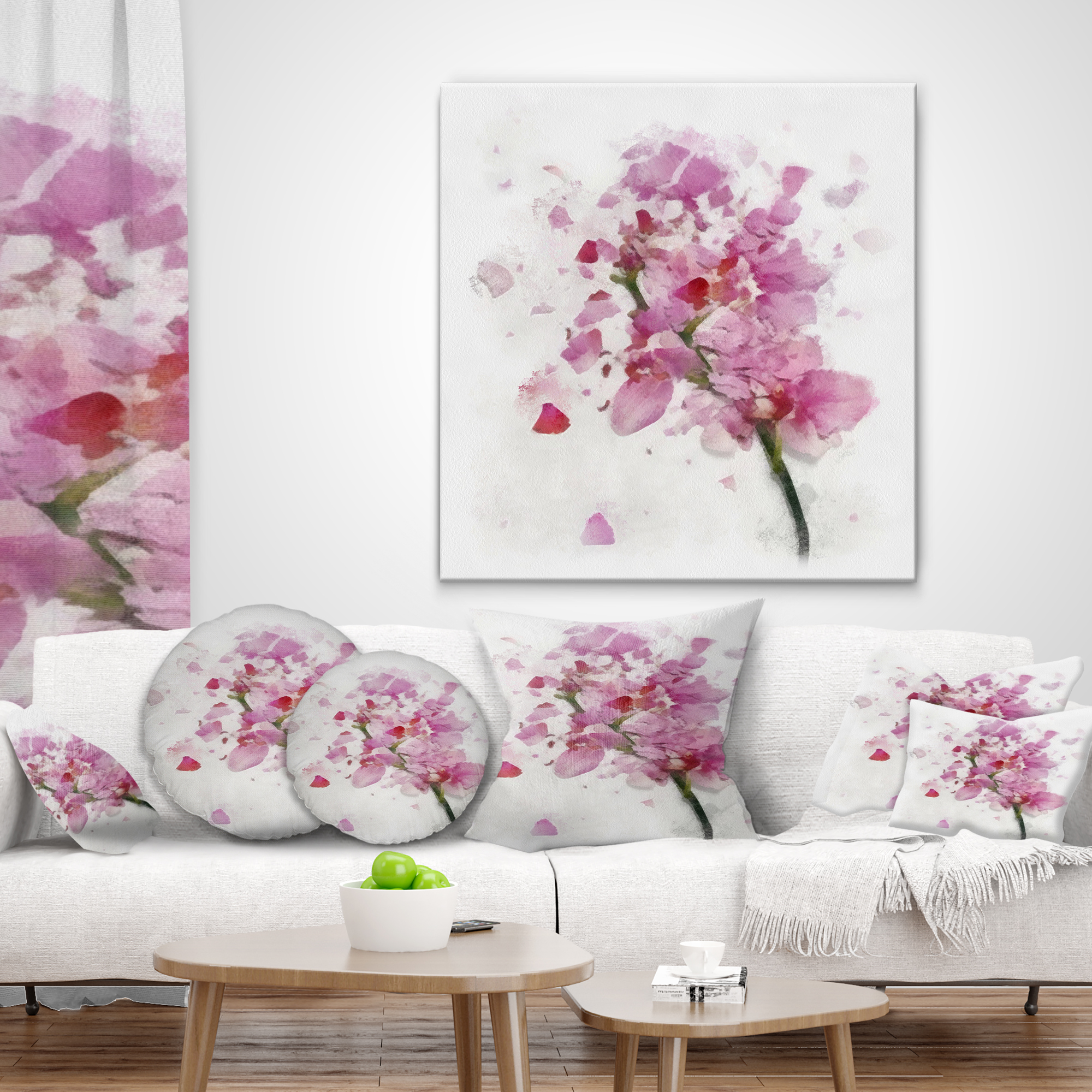 Designart Pink Flower with Falling Petals - Floral Throw Pillow - 18x18