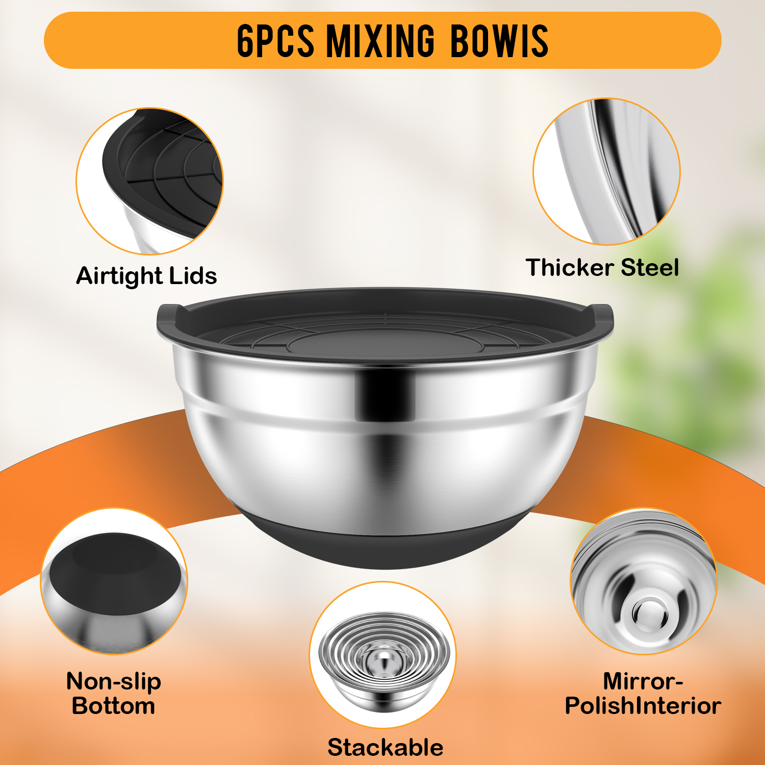 TINANA 6-Piece Stainless Steel Mixing Bowls with Lids photo 2