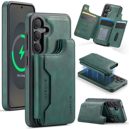 For Samsung Galaxy S26 Phone Case,2-in-1 Magnetic Removable Card Holder,With Kickstand,Card Slots,Compatible With Mag-Safe,Anti-Scratch PU Leather Shockproof Anti-fall Phone Case,Green