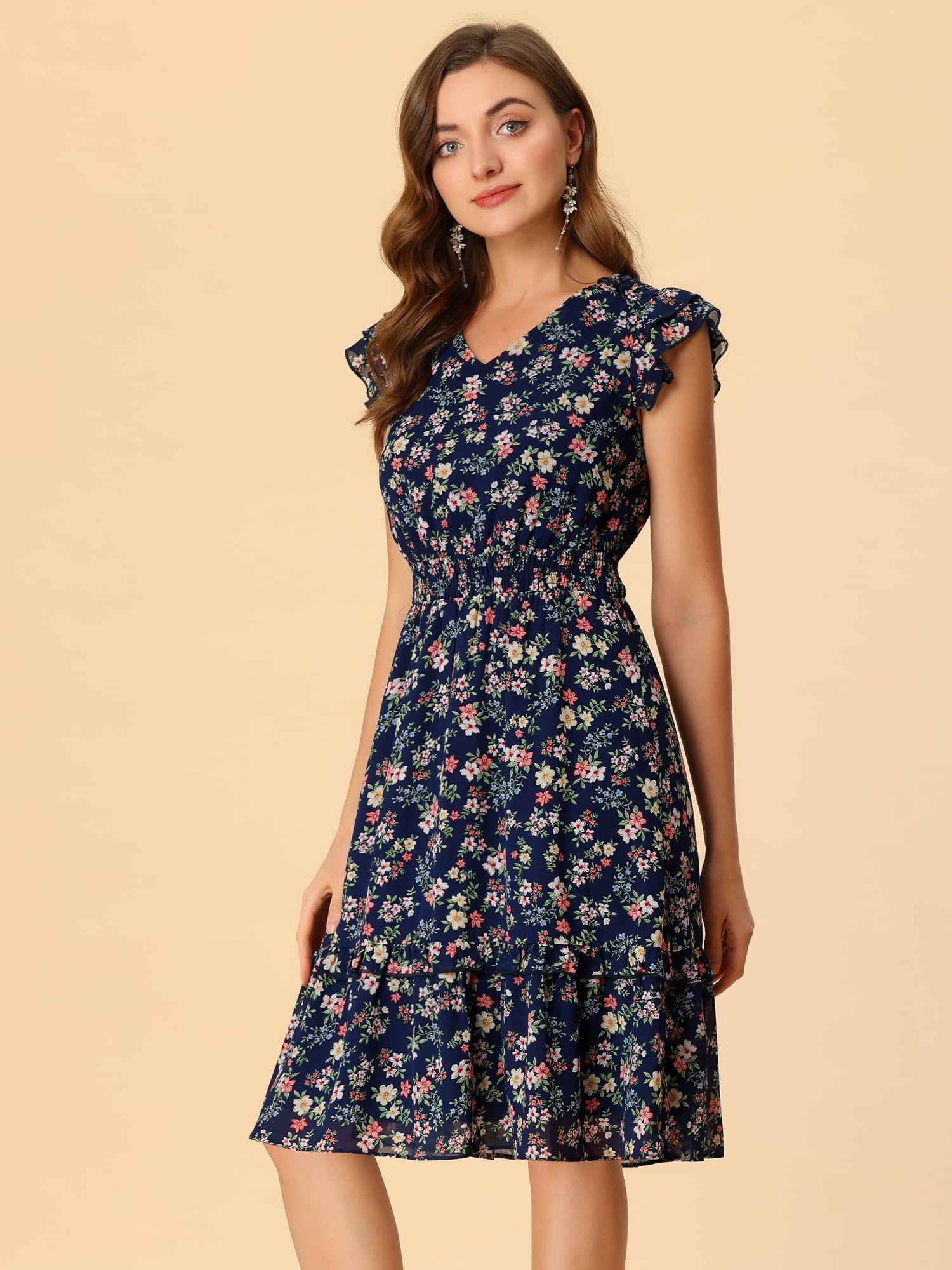 DARING DIVA Floral Flutter Sleeves V Neck Smocked Ruffle Dress XS Navy
