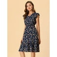 thumbnail image 4 of DARING DIVA Floral Flutter Sleeves V Neck Smocked Ruffle Dress XS Navy, 4 of 6