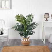 Nearly Natural 4' Kentia Palm Artificial Tree in Woven Planter with Tassels