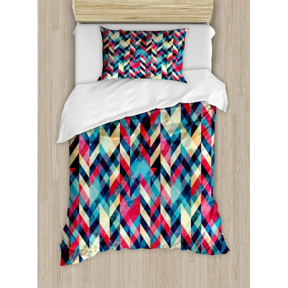 Grunge Duvet Cover Set Twin Size, Hipster Zigzag Herringbone Retro Style Pattern Chevron Triangles with Grunge Effect, Decorative 2 Piece Bedding Set with 1 Pillow Sham, Multicolor, by Ambesonne