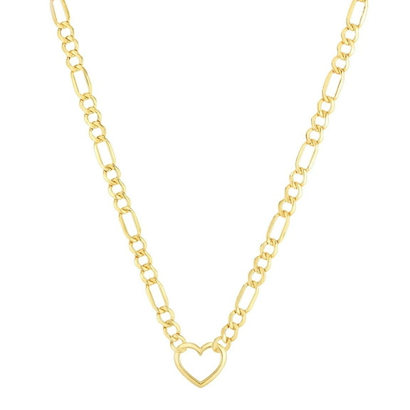 JewelStop 10k Yellow Gold Polished Finish Figaro Chain Heart Chain Necklace, Lobster Clasp - 18"
