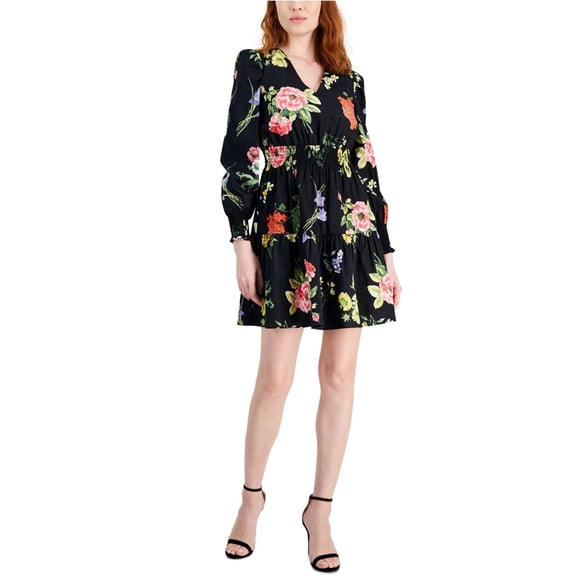 Anne Klein Womens Floral Smocked Trim Fit & Flare Dress, black, 6