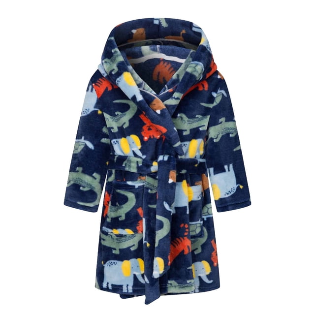 Dvkptbk Kids Fleece Hooded Bathrobes, Warm Graphic Soft Fuzzy Bath Robe for Kids Soft Robe Sleepwear with Belt 3-4 Years