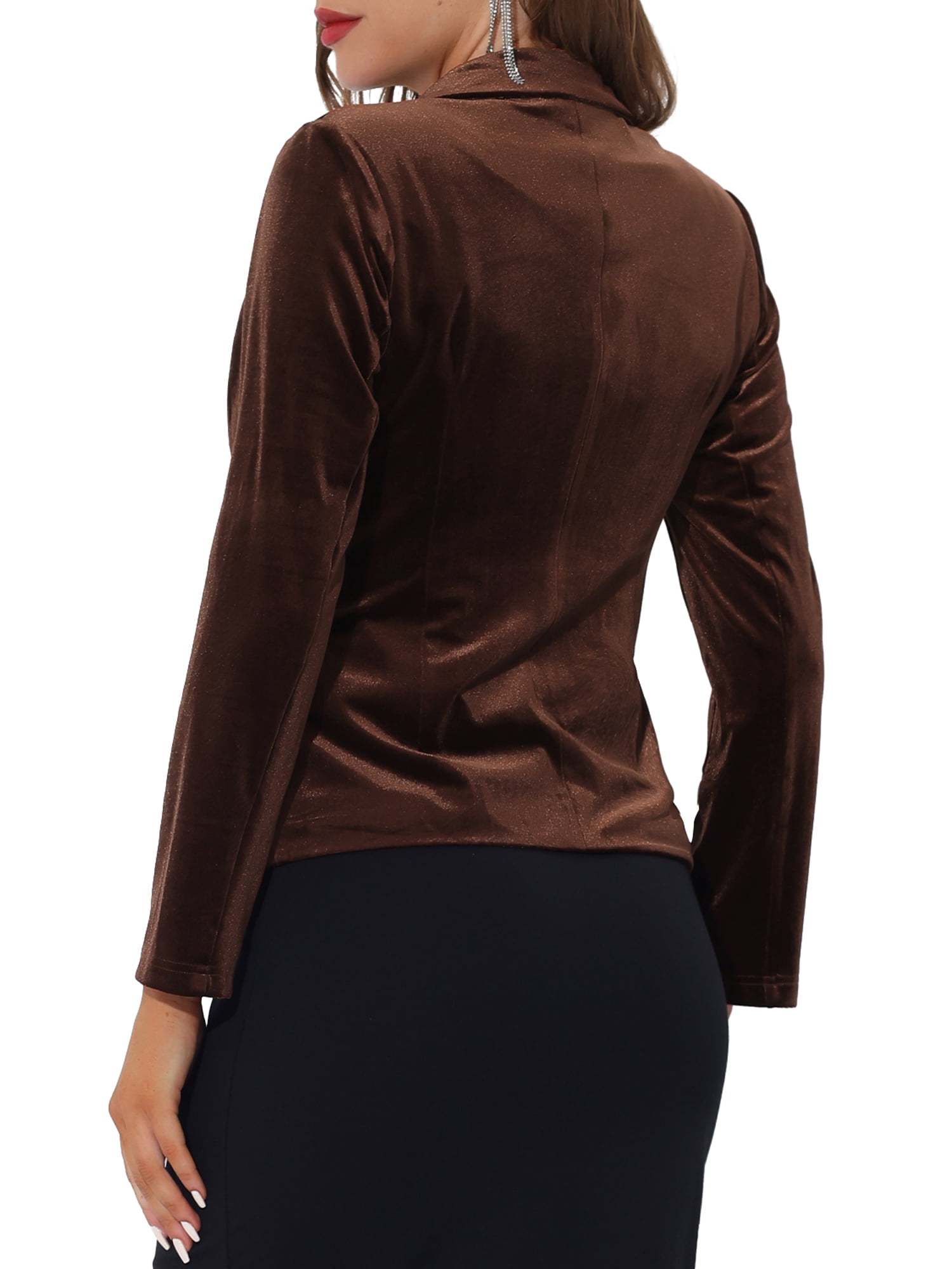 DARING DIVA Women's Notched Lapel Button Front Office Velvet Blazer M Brown