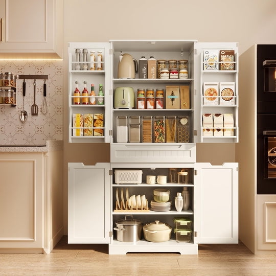 Aiho 71" Kitchen Storage Cabinet with Doors and Shelves, Bathroom Storage Cabinet - White