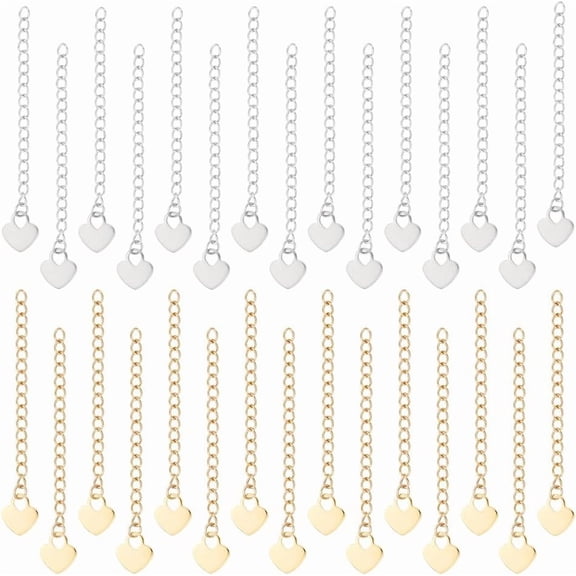 40Pcs 2 Colors Stainless Steel Curb Chain Extension End Chains with Heart Charms Chain Tabs Necklace Bracelet Extension Chain Anklet Extenders for DIY Jewelry Making 59~65mm