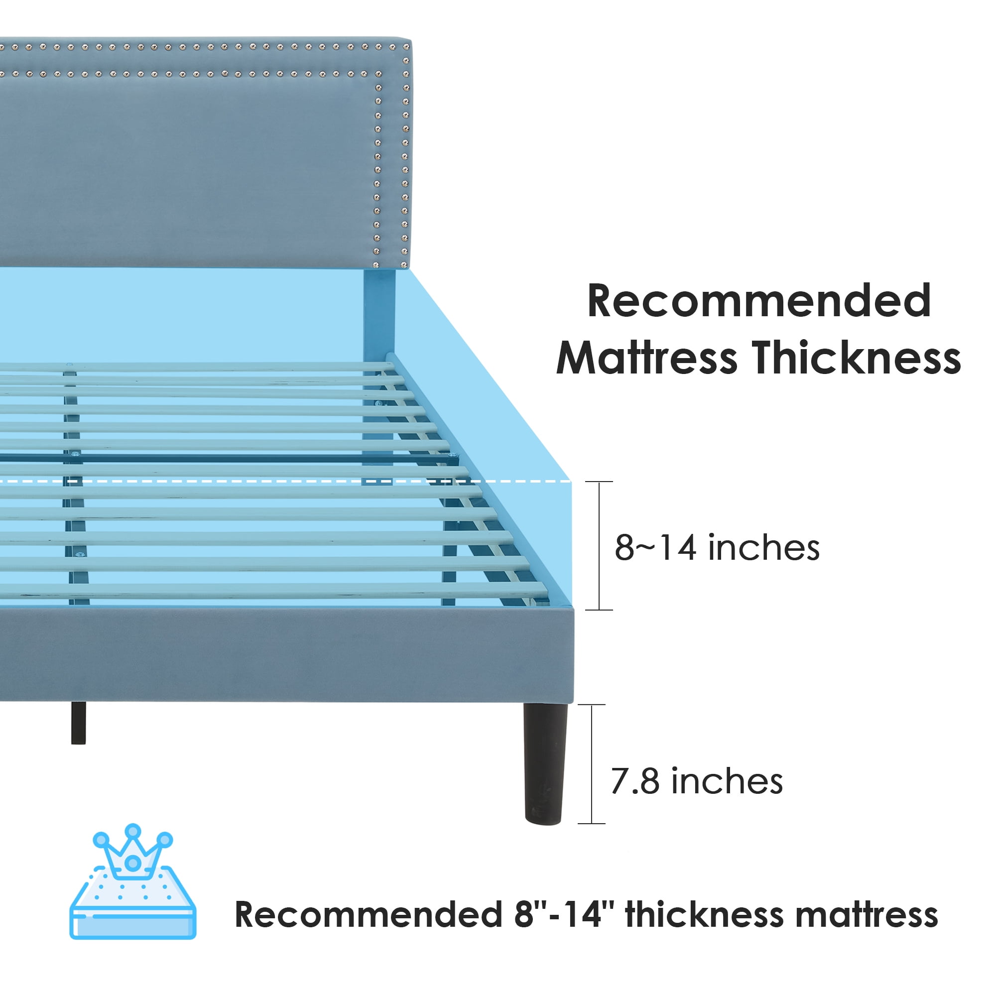 VECELO Queen Size Platform Bed Frame, Modern Upholstered Bed Frame with Adjustable Height & Nailhead Trim Headboard, No Box Spring Needed, Easy Assembly, Light Blue