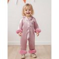 thumbnail image 4 of RUINIXCW Toddler Baby Girl Silk Stain Pajamas Newborn Infant Baby Girls Romper One Piece Spring Fall Sleepwear Lapel V Neck Fuzzy Trim Long Sleeve Button Up Jumpsuit Homewear, 4 of 9