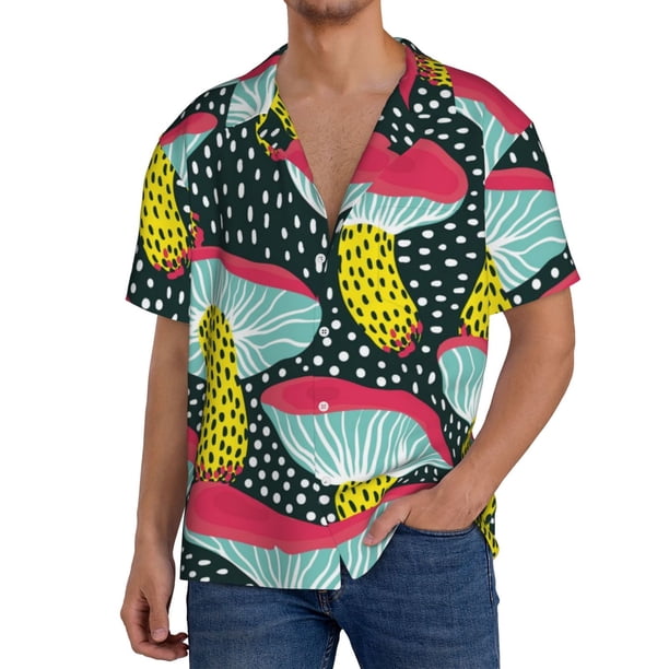 Balery Green Mushroom Camisa Casual de Manga Corta con Botones para Hombre, Texturizada, Estilo Cubano, para Playa, Verano-Medium