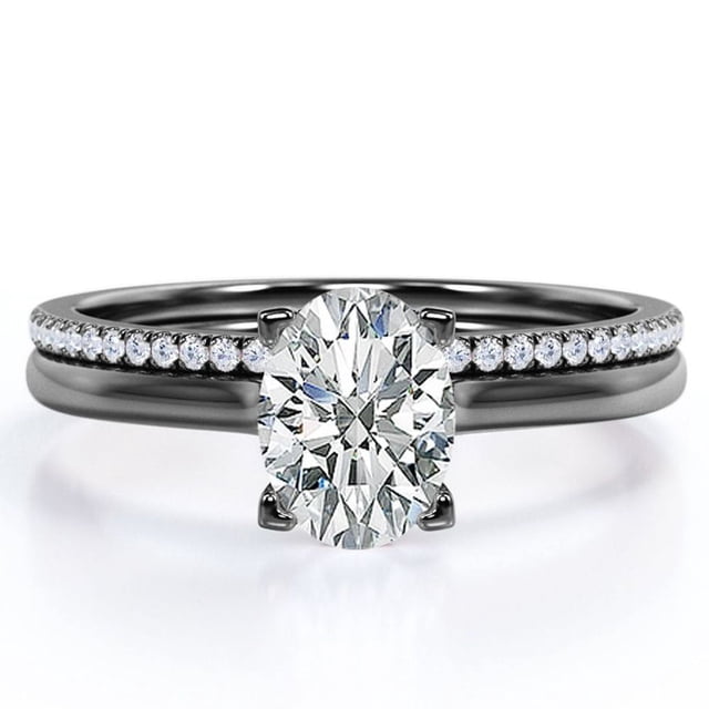 JeenMata Juego de Anillos de Boda de 1,75 Quilates con Corte Ovalado, Caña con Detalles Pavé, con Puntas, Chapado en Oro Negro de 18 K sobre Plata (Personaliza la Banda de Tu Anillo de Boda)