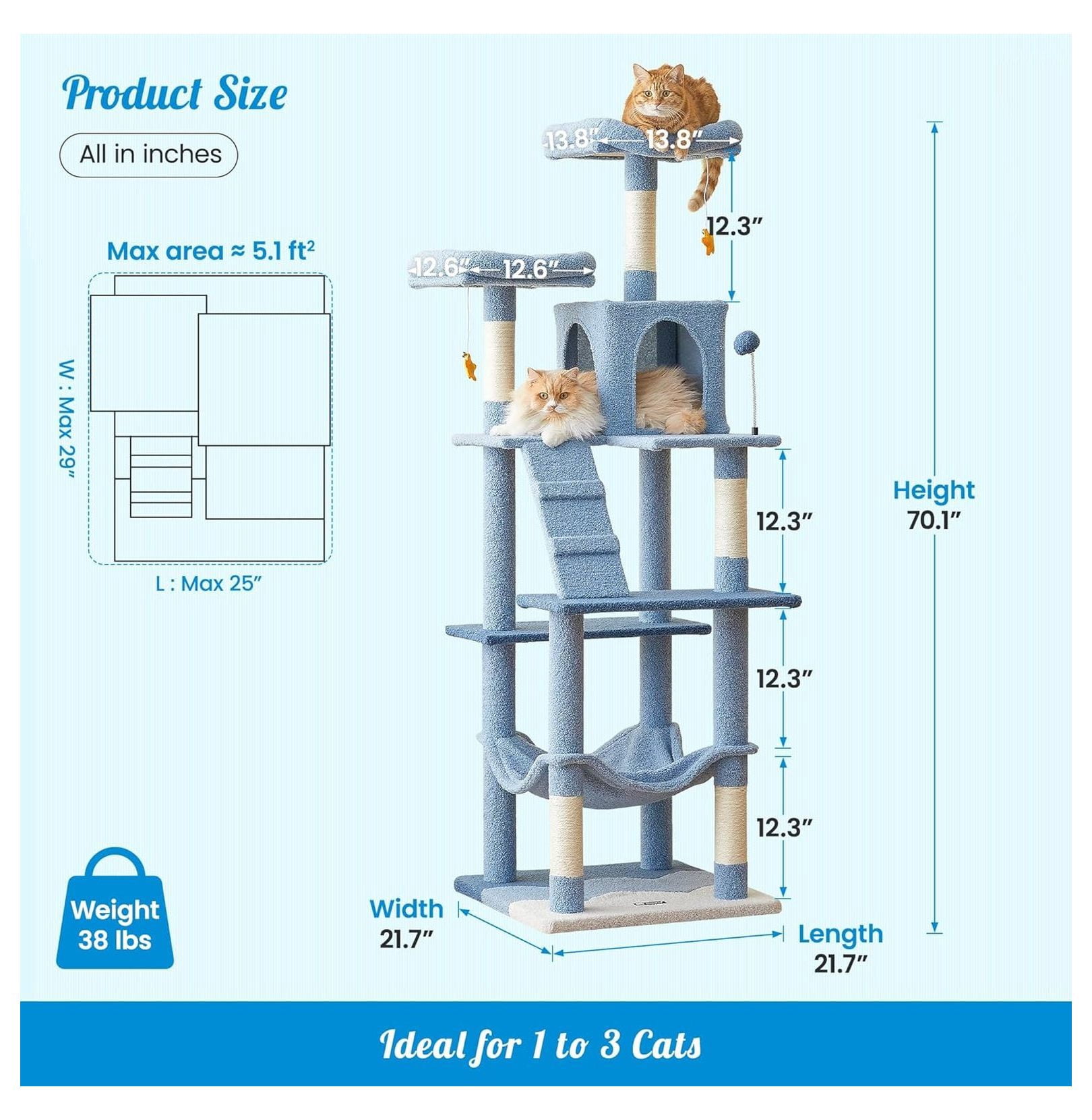 Ocean Cat Tree 70.1 Inch Tall, Multi-Level Cat Tower for Indoor Cats, Blue Plush Condo with Scratching Posts, Hammock & Toys - Large Kitten Activity Center