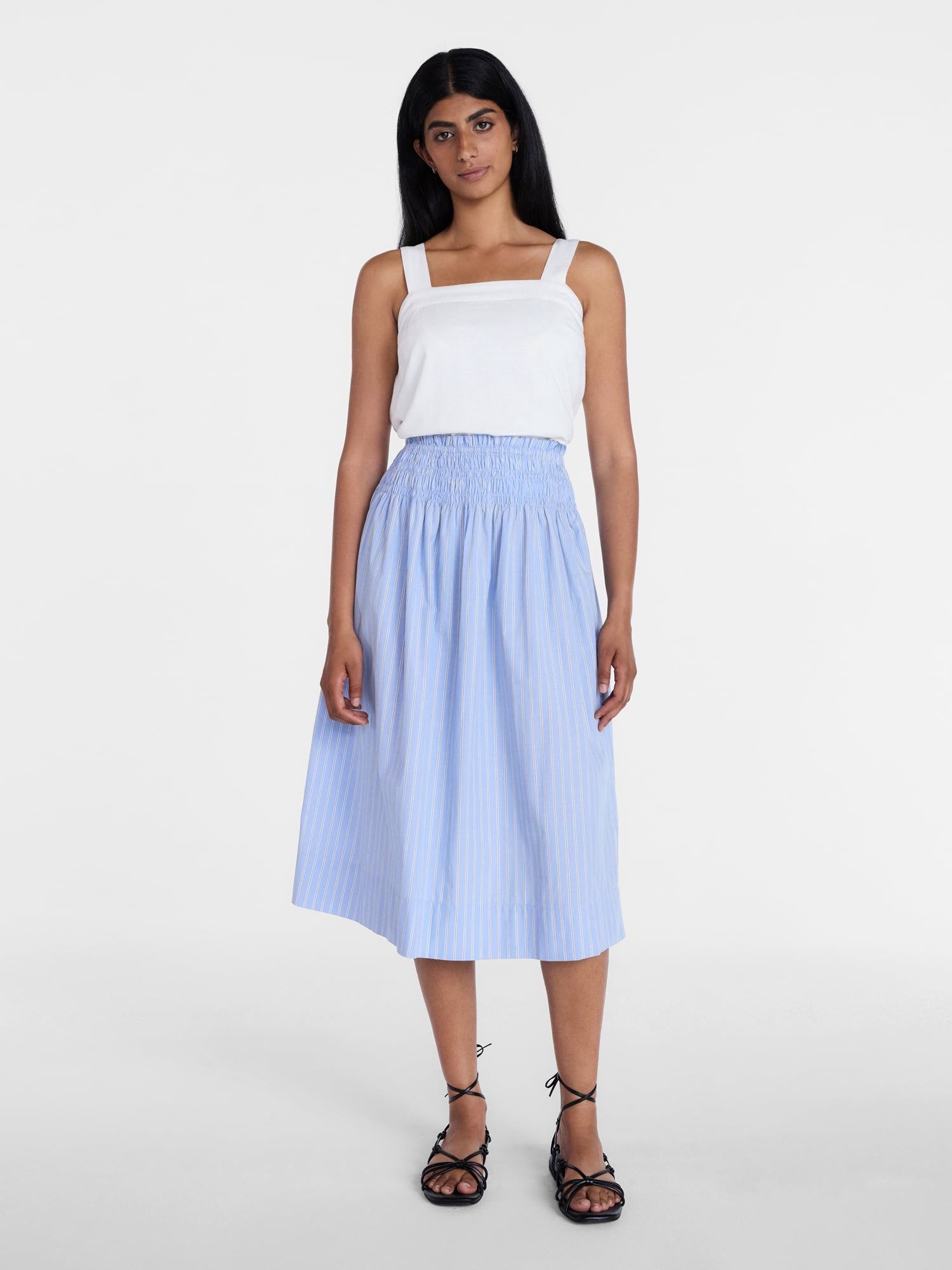 Time and Tru Women's Smocked Waist Cotton Midi Skirt, Sizes XS-XXXL