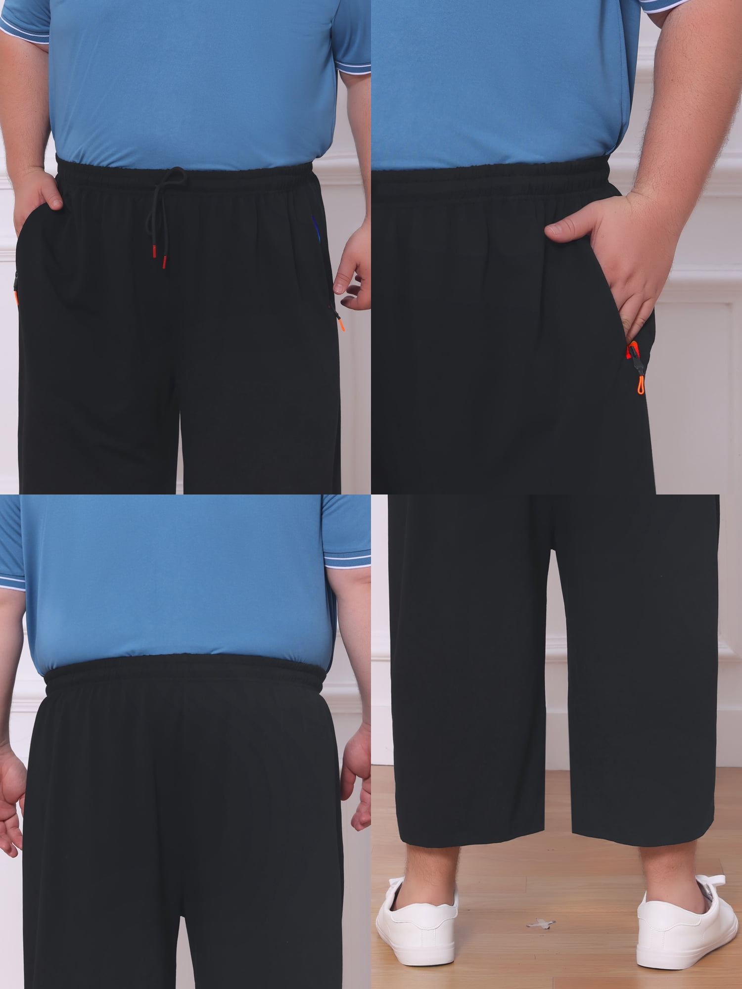 DARING DIVA Men's Zipper Pockets Stretch Drawstring Sport Big Tall Capri Pants 2XL Black