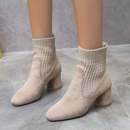 

ERTUTUYI Chunky Breathable Retro Women s Heels High Shoes Zipper Boots Fashion Short Women s Boots Beige 37