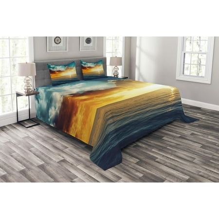 Ocean Bedspreads Ocean Bedspread Set, Majestic Sunset over the Sea Scenic Idyllic Aquatic View Morning Picture, Decorative Quilted Coverlet Set with Pillow Shams Included, Turquoise Orange Blue, by Ambesonne ()
