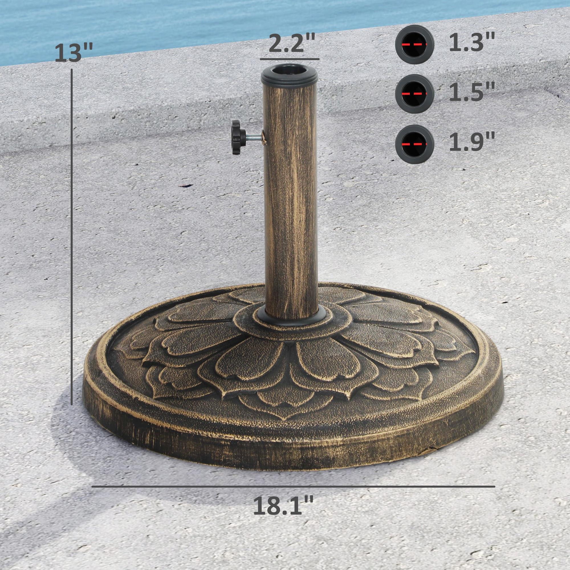 Outsunny Round Patio Umbrella Base, 26 lbs Resin Umbrella Stand Base, Patio Umbrella Stand for 1.3"/1.5"/1.9" Poles for Outdoor Lawn Poolside, Bronze