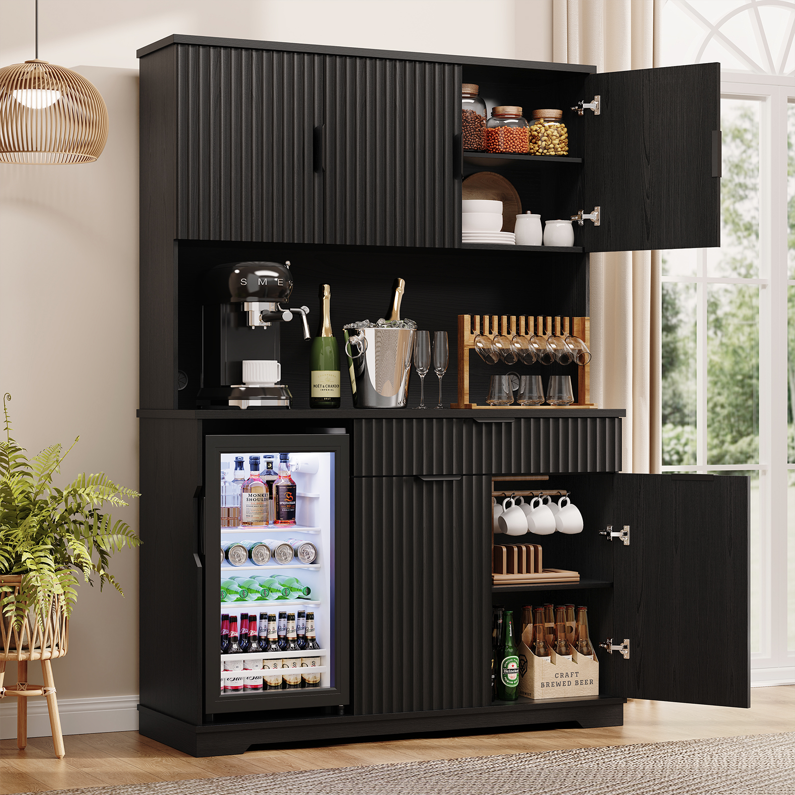 BROTTAR 69" Fluted Wine Bar Cabinet with Fridge (Included), Modern Coffee Bar Cabinet with Storage Hutch, Tall Mini Fridge Cabinet with Drawers, Kitchen Pantry for Living Room, Dining Room, Black