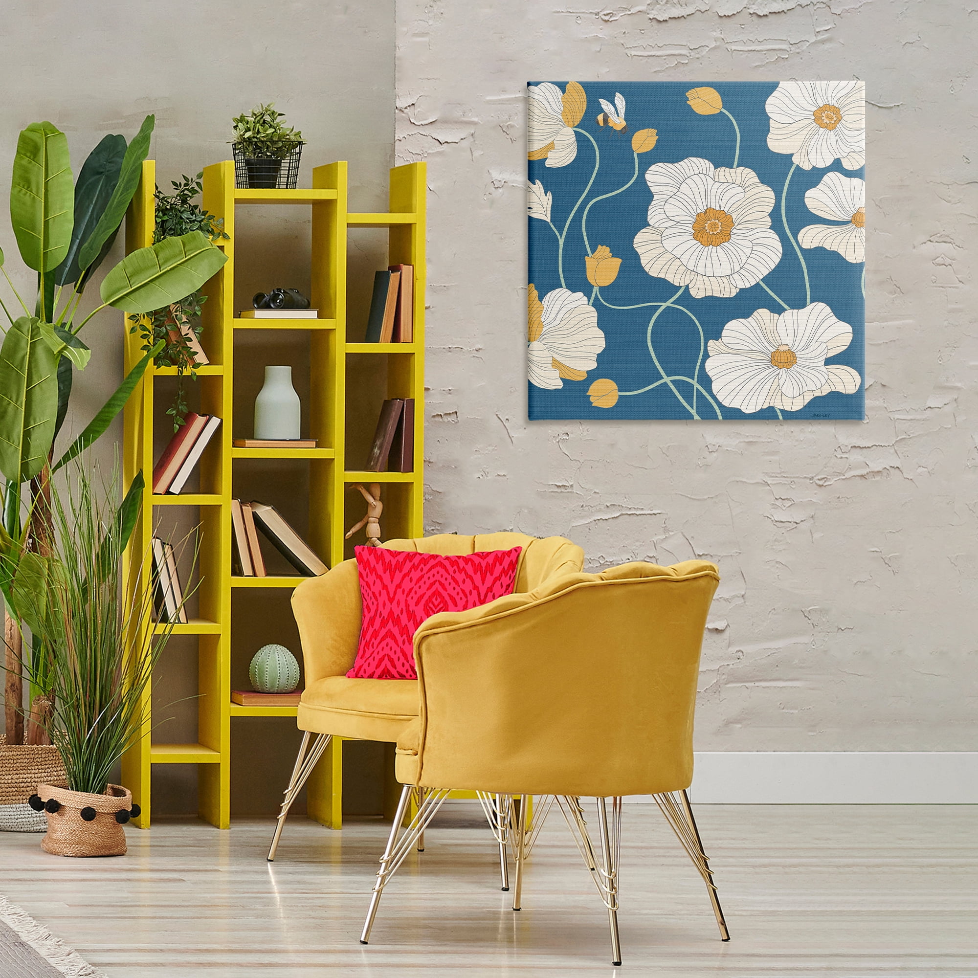 Stupell Industries Bee & White Poppies Plants & Flowers Painting Wrapped Canvas Art Print Wall Art, 30 x 30