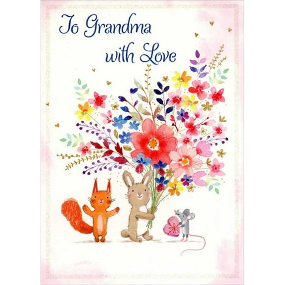 RSVP Critters Holding Bouquet and Heart Birthday Card for Grandma