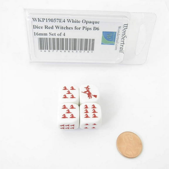 White Opaque Dice with Red Witch Hats for Pips D6 16mm (5/8 inch) Set of 4 Wondertrail