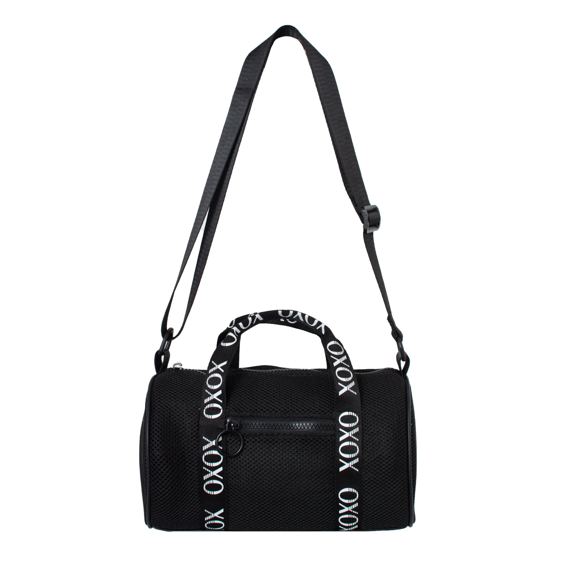 XOXO Women's Fabric Black Mesh Everyday Barrel Bag withTop Handles & Adjustable Strap