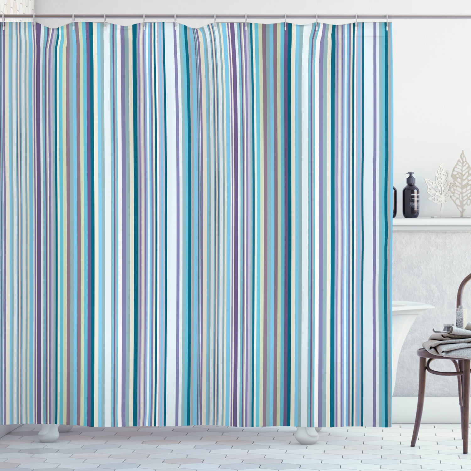 Harbour Stripe Pattern Shower Curtain Fabric Decor Set with Hooks 4 Sizes 