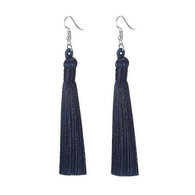 Pendientes bohemios con borlas colgantes para mujer, aretes largos con flecos, tejido de seda, azul marino