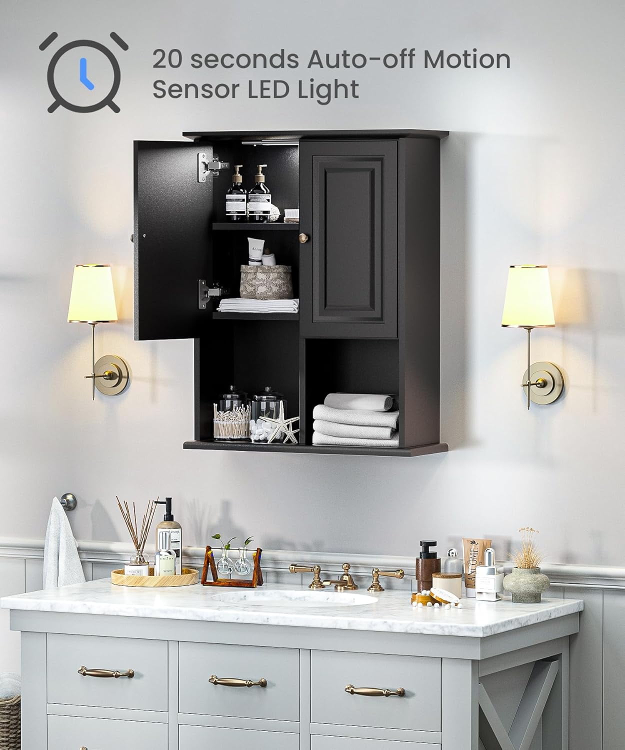 HAIOOU Bathroom Wall Cabinet with Motion Sensor LED Light, Over Toilet Storage Cabinet with Buffering Hinges and Adjustable Shelf (Black)