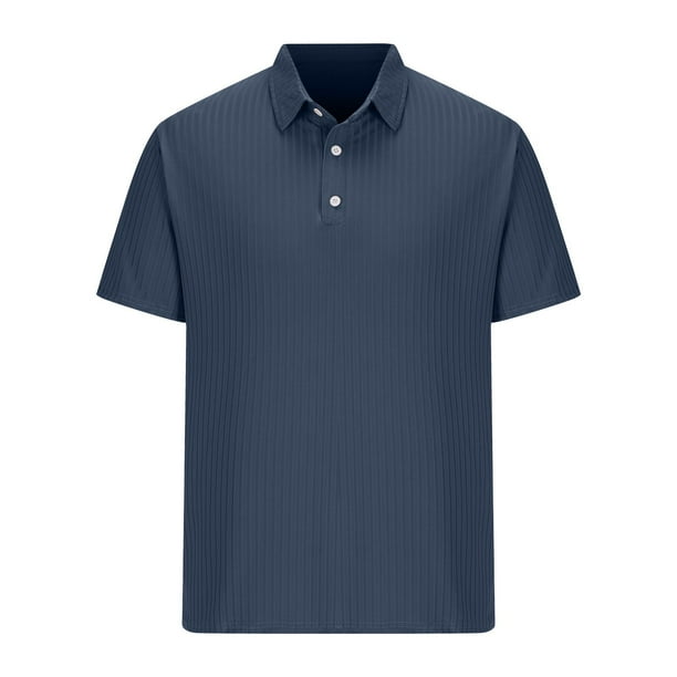 Camisetas Elvqul Caballero Azul Marino Casual Abotonada a Rayas Manga Corta Solapa Polo