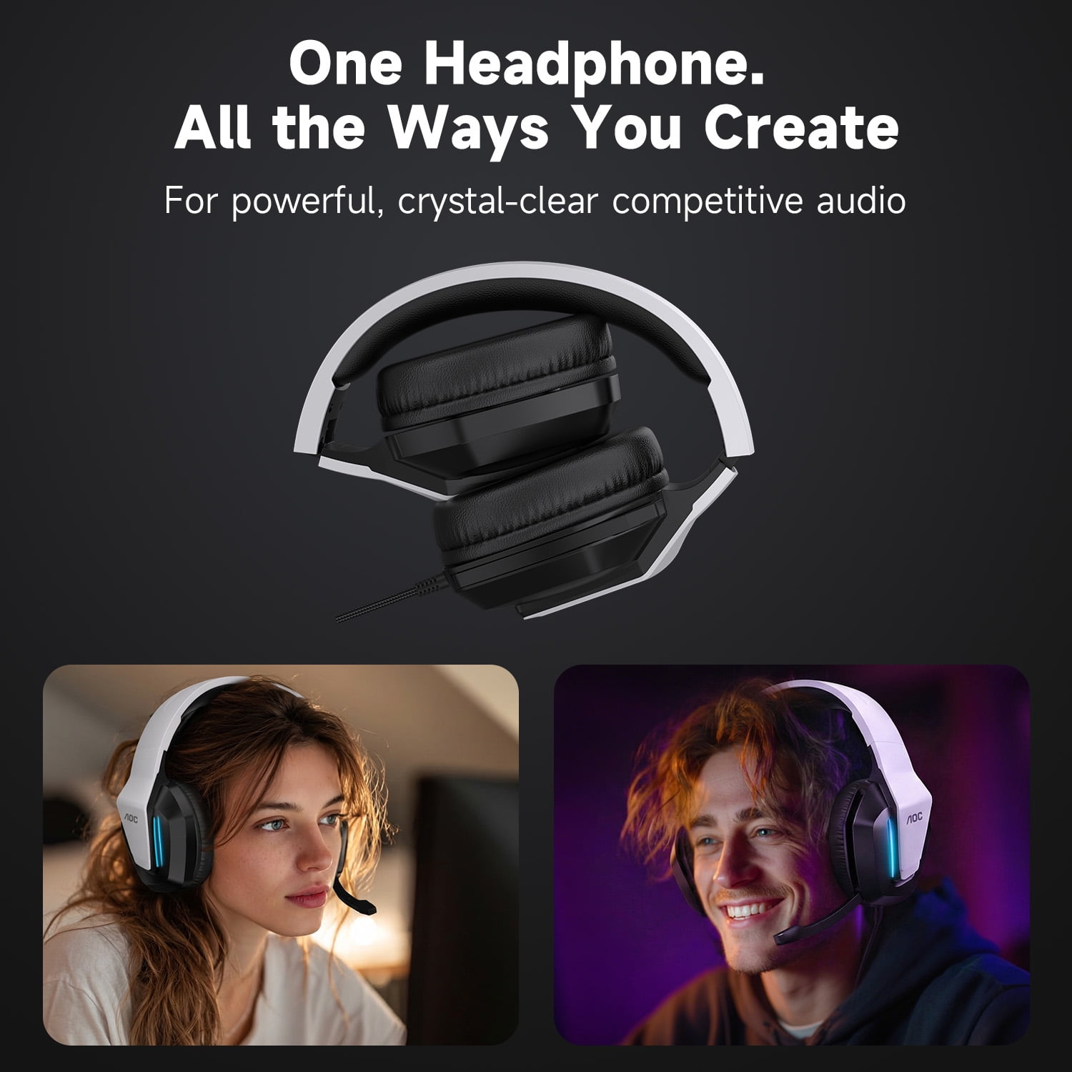 AOC Gaming Headset with Noise Cancelling Mic, Wired Gaming Headphone for PC, PS5, Xbox Series, Xbox Headset, Switch, MAC, High-Quality Sound, Led Light, Foldable, Portable, White