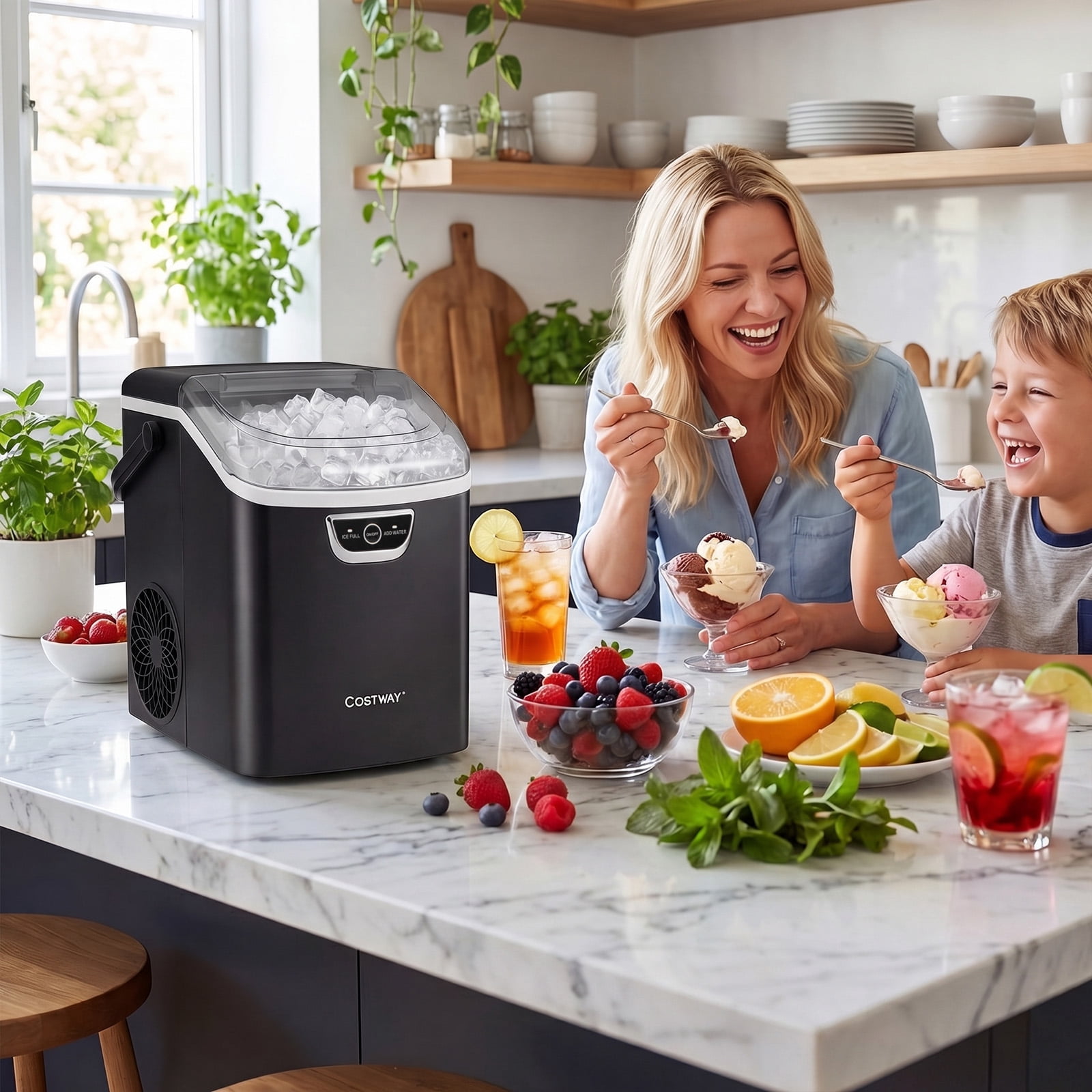 Costway Nugget Ice Maker Countertop with Audible Ice Full Alarm, Ready in 6 Mins for Home Black