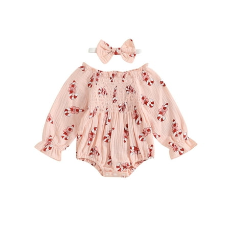 

GOODLUCKY Baby Girls Christmas Romper Candy Cane Smocked Jumpsuits Bow Headband