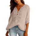 thumbnail image 4 of Womens 3/4 Sleeve Tops Cotton Linen Shirts Embroidered V Neck Button Boho Blouses Loose Fit Dressy Casual Tunic Top, 4 of 7