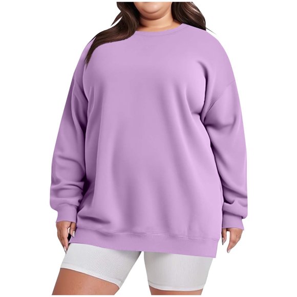 Women's Plus Crew Neck Sweatshirt, Fleece Pullover, Winter Solid Color Long Sleeve Oversize Sweatshirts no Hood Outerwear