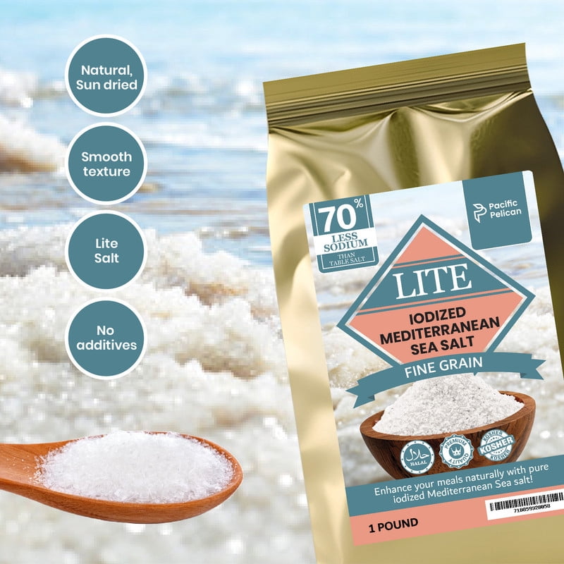 Pacific Pelican 70% Less Sodium Mediterranean Lite Sea Salt, (Iodized) Fine Grain,100% Natural, Organic, Fine Grain - Pack of 2