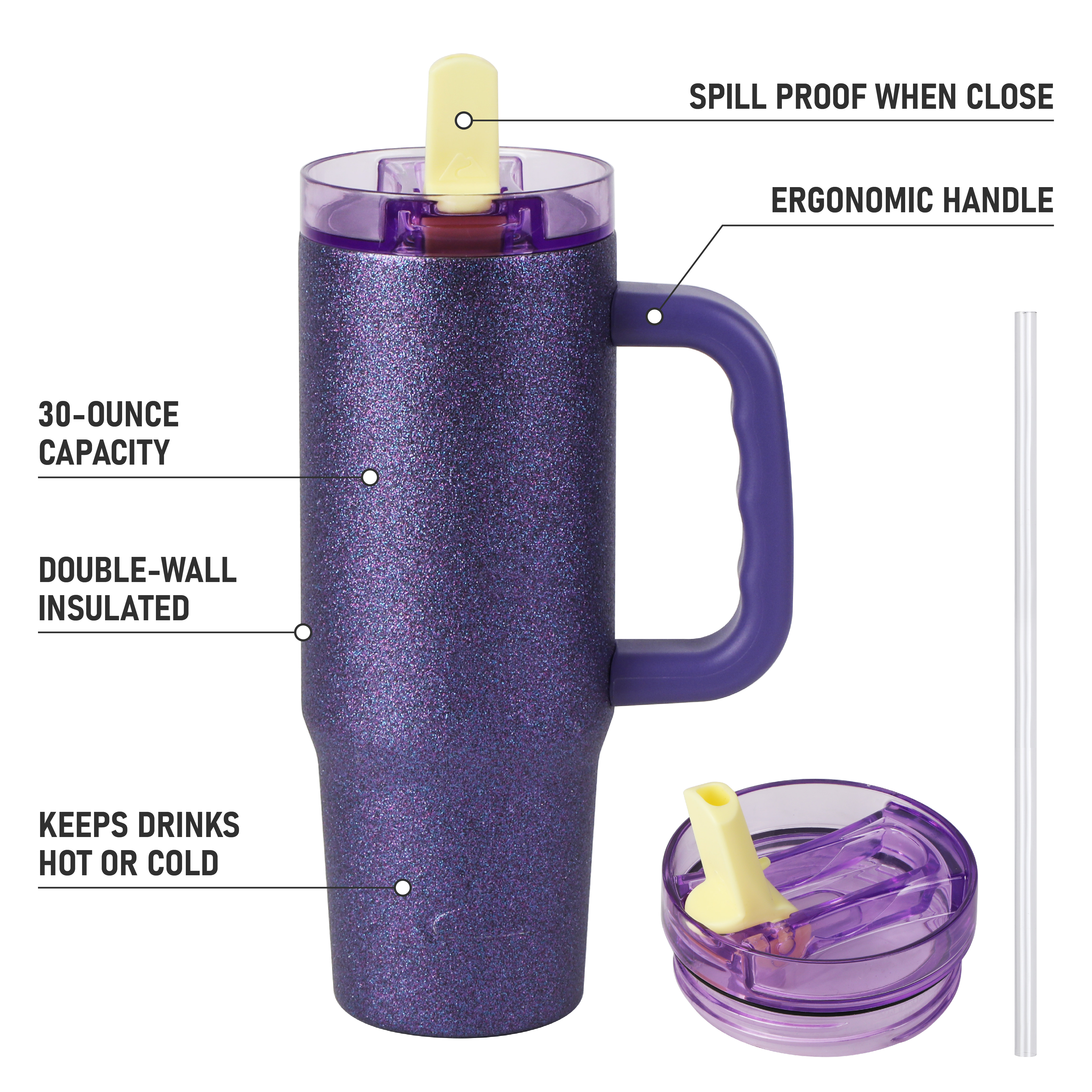 Ozark Trail 30 oz Limited Edition Stainless Steel Insulated Tumbler with Handle, Purple Glitter