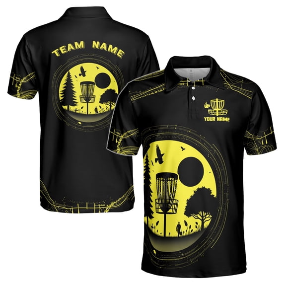 Custom Name Team Funny Retro Disc Golf Black Yellow Men's Polo Shirt S-5XL